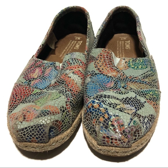 Toms Blue Leather Printed Mosaic Classics Flats - Picture 3 of 8
